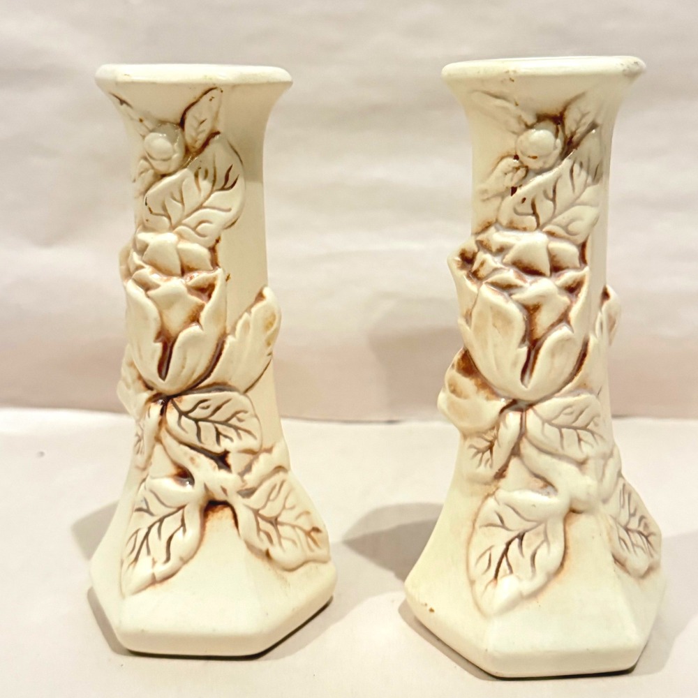 Red Wing Pottery Magnolia Rose Candlestick Pair 1324 Very Good Condition
